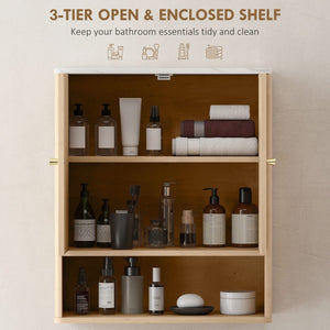 Bathroom Wall Cabinet, Wall-Mounted Medicine Cabinet with Adjustable Shelf, Open Shelf and Marble Effect Top, Oak