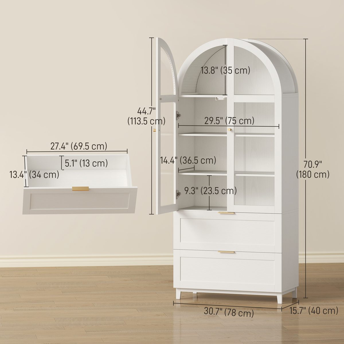 Arched Kitchen Pantry Cabinet, 71" Tall Farmhouse Kitchen Storage Cabinet with 2 Drawers, Acrylic Glass Doors, White
