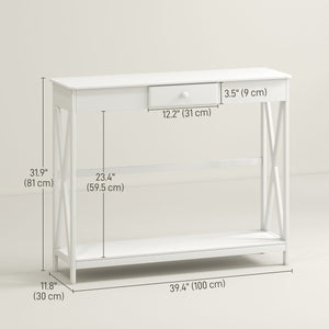 39" Console Table, 2 Tier X-Design Narrow Entryway Table with Drawer and Storage Shelf for Behind Couch, Living Room, Hallway, White