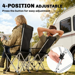 Set of 2 Reclining Camping Chair with Foot Rest, Folding Camping Chair w/ Headrest, Cup Holder, Storage Bag, Black