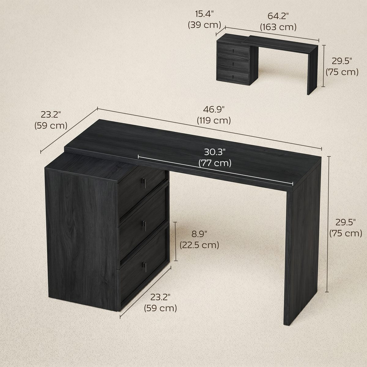 L Shaped Computer Desk Home Office Desk with 3 Drawers Black Wood Grain