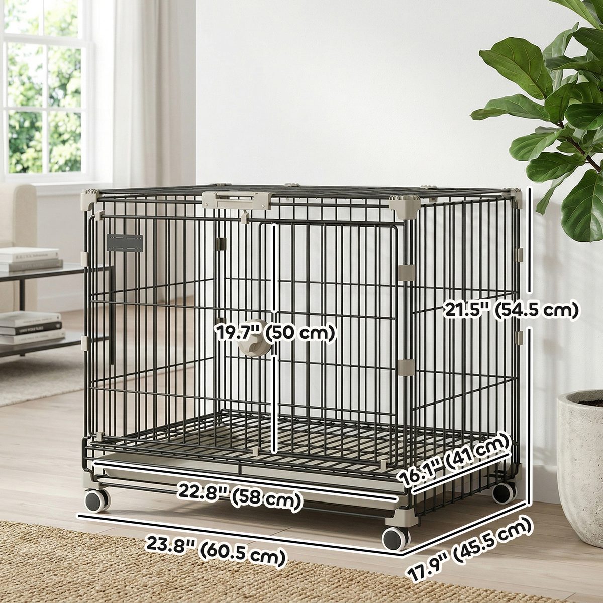 Dog Crate, 24 Inch Metal Dog Cage with Removable Tray, Lockable Wheels, 2 Doors for Small Breeds, Black