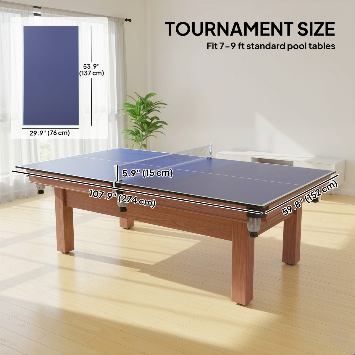 Soozier 9 ft Folding Ping Pong Table Top for Pool Tables, Table Tennis Conversion Top with Net, Foam Padding, Blue