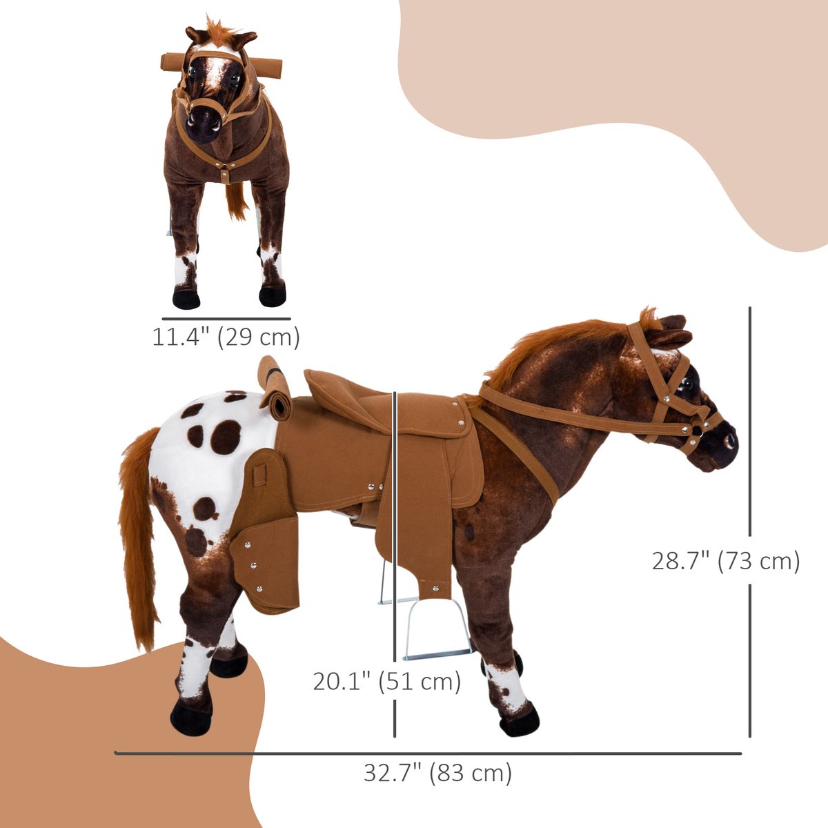 Qaba Standing Ride on Horse, Plush Pony Toy for Kids with Neighing Sound, Soft Padding, for Cowboy Cowgirl Aged 3-8 Years Old, Brown