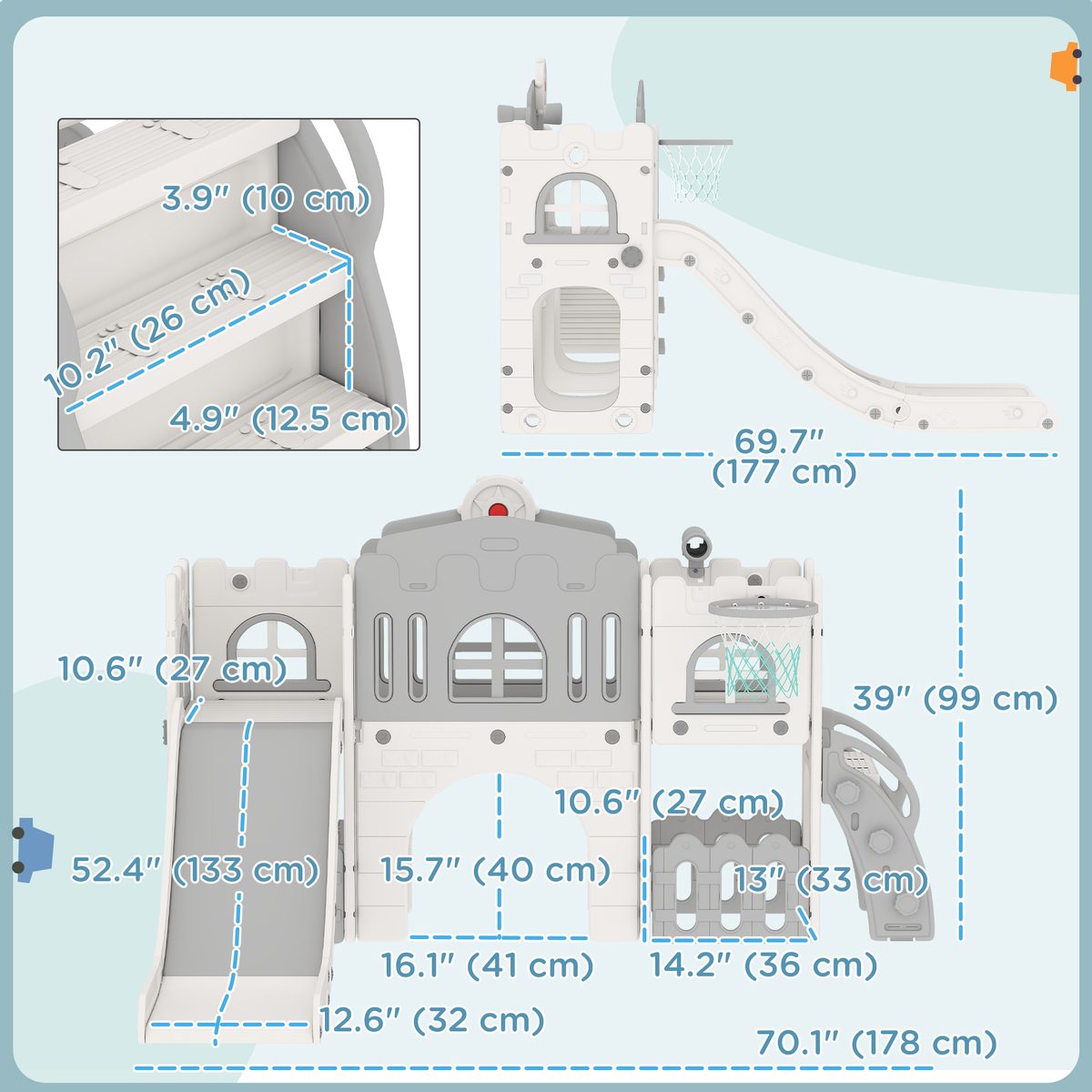 Qaba 9 in 1 Toddler Slide with Basketball Hoop, Climber, Telescope, Tunnel, Steering Wheel, for 1-3 Years, Grey
