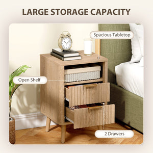 Nightstands Set of 2, Modern Bedside Tables with Charging Station, 2 Drawers and Open Shelf, Oak