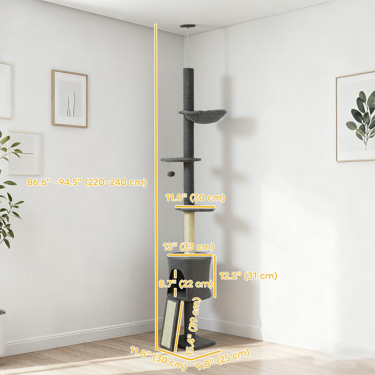 87"-94.5" Floor to Ceiling Cat Tree with Sisal Scratching Post, Condo, Hammock, Ramp, Perches, Dark Grey