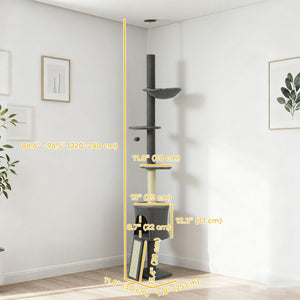 87"-94.5" Floor to Ceiling Cat Tree with Sisal Scratching Post, Condo, Hammock, Ramp, Perches, Dark Grey