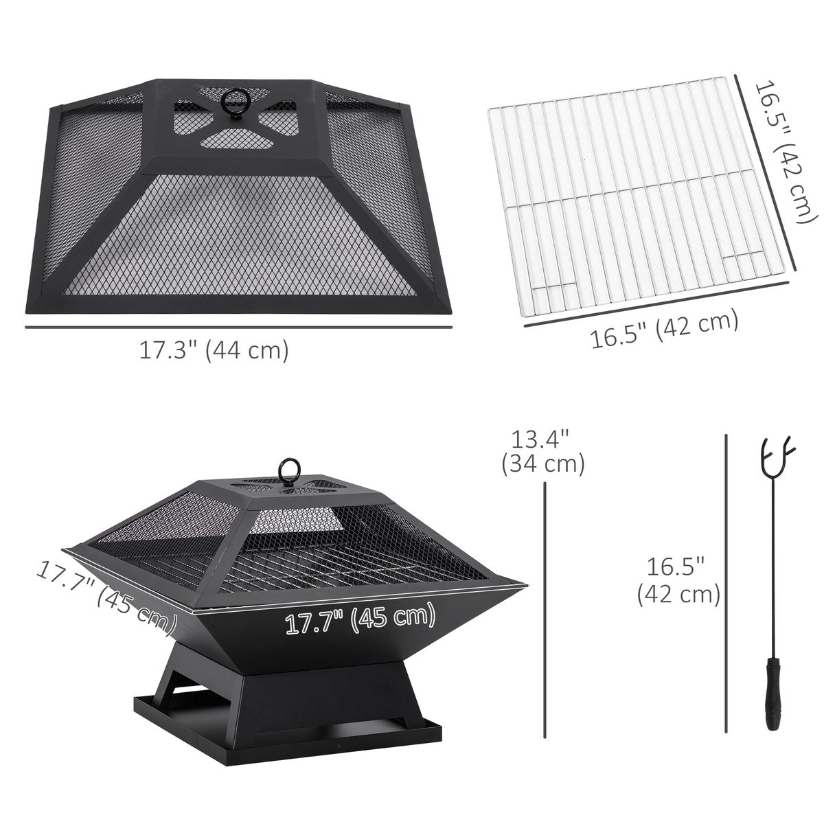17.7" Wood Burning Portable Fire Pit, Outdoor Firepit with Cooking BBQ Grill, Spark Screen, Poker for Backyard, Black