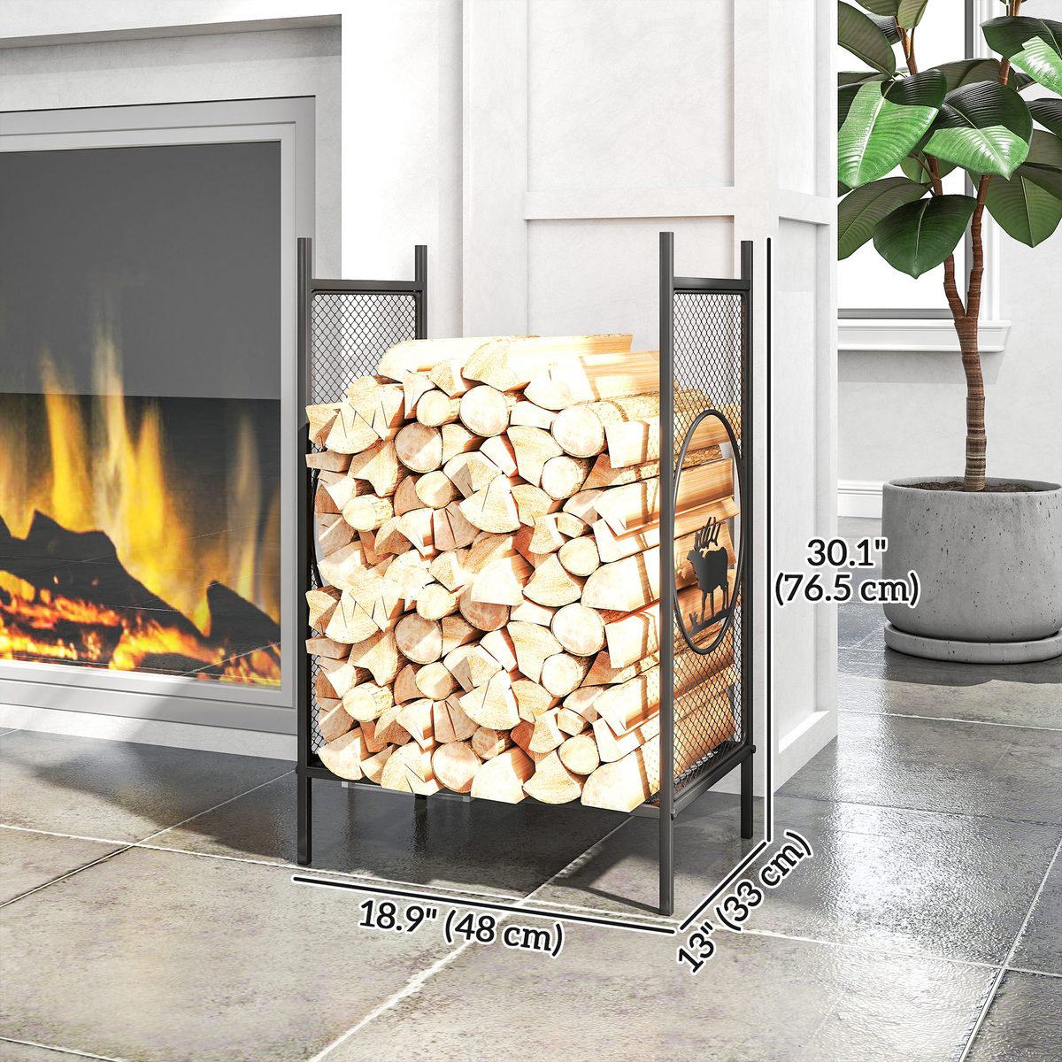 Firewood Rack Outdoor, 19" Heavy Duty Metal Fireplace Log Holder with Mesh Sides and Decorative Deer Patterns