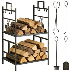 20.25" x 13" x 30.25" 2-Layer Heavy Duty Firewood Rack Wood Log Fireplace Stacker w/ 4 Tools, Black and Gold