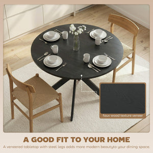 39" Dining Table, Contemporary Round Kitchen Table with Steel Legs, Black Wood Grain