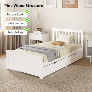 Pine Twin Bed Frame, Wood Storage Bed Frame with Drawers, Wood Slat Support, No Box Spring Needed, Easy Assembly, White