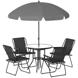 6 Pieces Patio Dining Set with Umbrella, Patio Furniture Set with Folding Chairs, Glass Table for Garden Backyard, Black