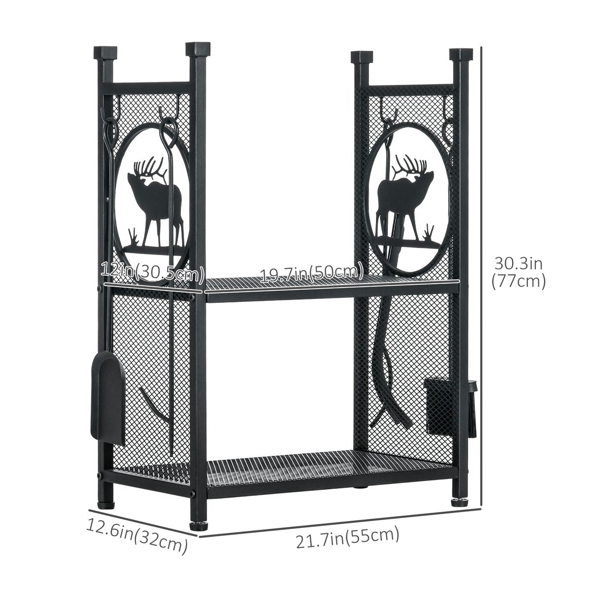2-Tier Firewood Rack with Shovel, Broom, Poker, Tongs, Side Hooks, Log Holder for Fireplace, Outdoor Indoor Wood Storage Stacker, 21.7" x 12.6" x 30.3", Black