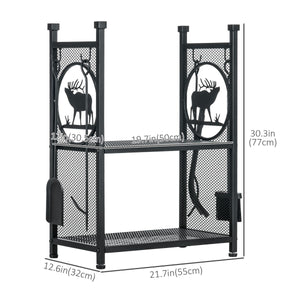 2-Tier Firewood Rack with Shovel, Broom, Poker, Tongs, Side Hooks, Log Holder for Fireplace, Outdoor Indoor Wood Storage Stacker, 21.7" x 12.6" x 30.3", Black
