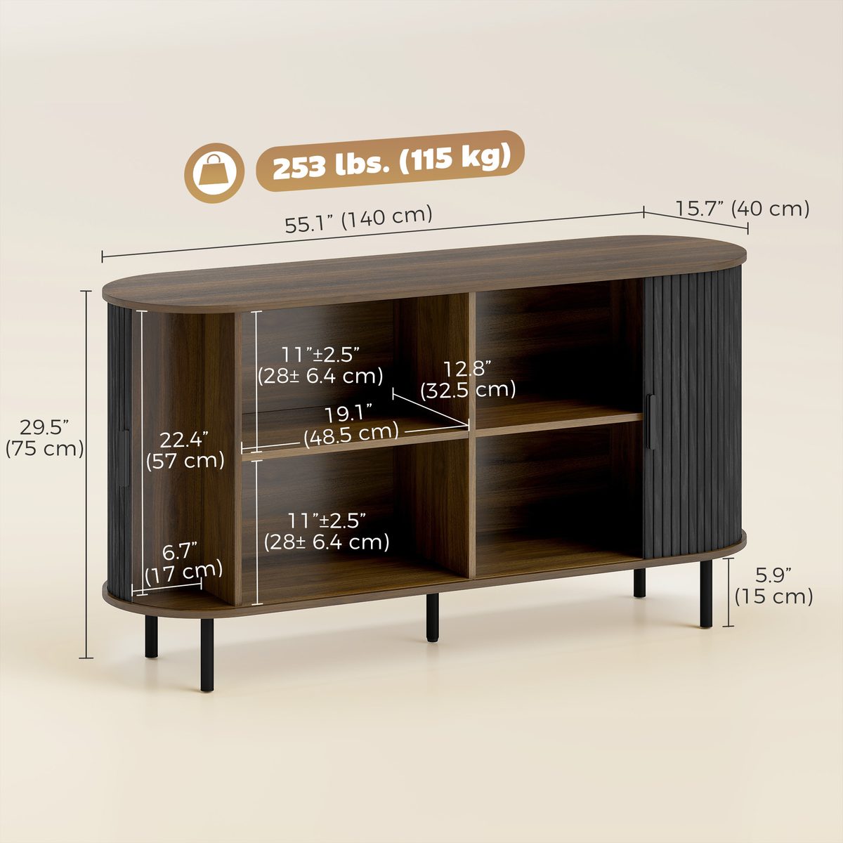 Fluted Sideboard Buffet Cabinet, 55" Mid Century Coffee Bar Cabinet with Sliding Doors and Adjustable Shelves, Black