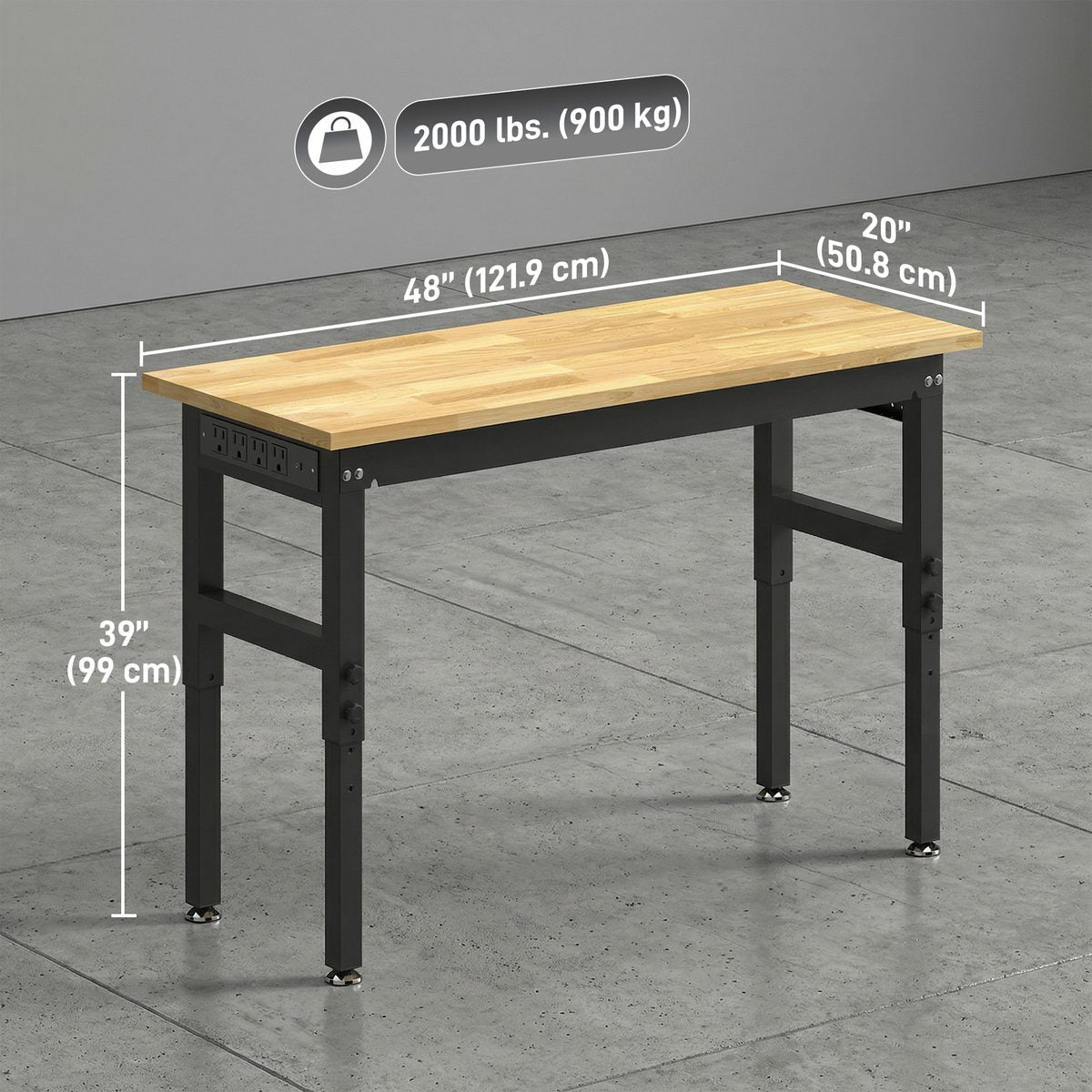 48" Adjustable Workbench, Heavy Duty Work Table with Rubber Wood Top, Power Outlets, Pegboard, 2000 LBS Capacity