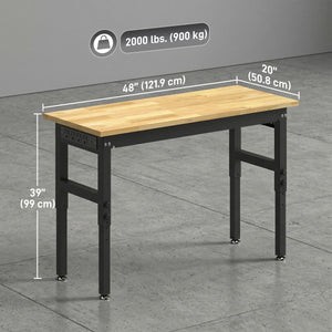 48" Adjustable Workbench, Heavy Duty Work Table with Rubber Wood Top, Power Outlets, Pegboard, 2000 LBS Capacity