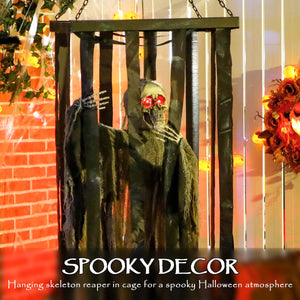 Animatronics Hanging Skeleton Reaper in Cage, Voice-Activated Prop with Flashing Eyes, Easy Setup Indoor
