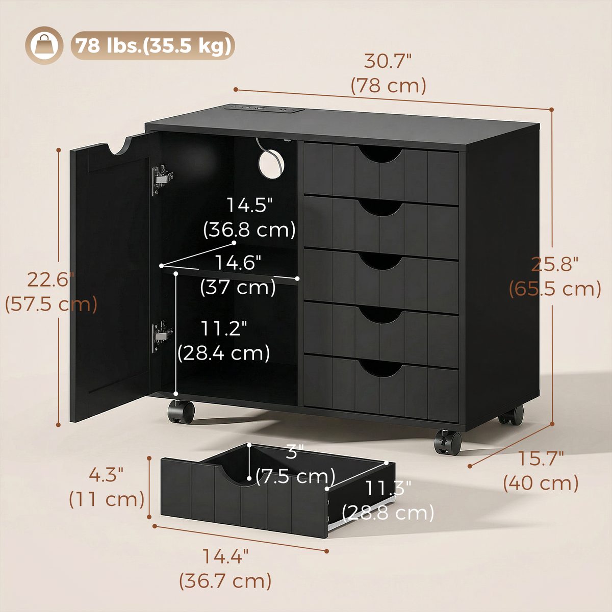 Mobile Lateral Filing Cabinet with 5 Drawers, Printer Stand with Power Outlets and USB Ports for Home Office, Black