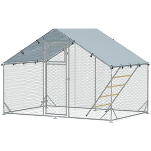 Large Metal Chicken Run with Waterproof & UV-Resistant Cover, Feeding Door, Hanging Feeder, Perch for 6-8 Chickens