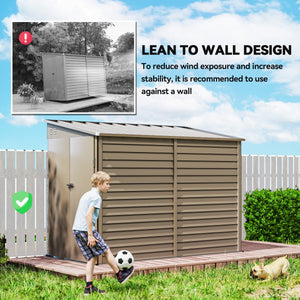 4.6' x 9' Steel Outdoor Storage Shed, Lean to Shed, Metal Tool House with Foundation Kit, Lockable Doors, Gloves and 2 Air Vents for Backyard, Patio, Lawn, Brown