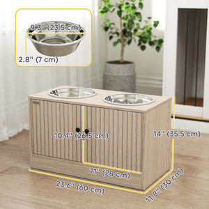 Raised Dog Bowls with Storage, Slow Feeder, 2 Stainless Steel Food and Water Bowl Non-Slip, Oak