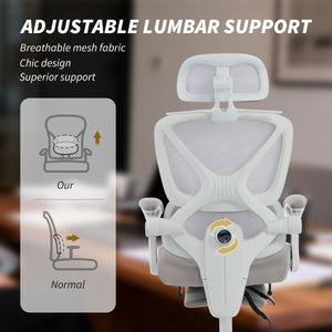 Mesh Desk Chair with Adjustable Headrest, Reclining Ergonomic Office Chair with Footrest, Light Grey