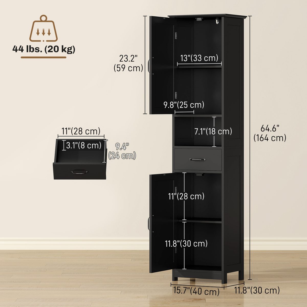 Modern Bathroom Cabinet, Narrow Bathroom Vanities with Open Shelf Drawer Recessed Doors and Adjustable Shelves Black