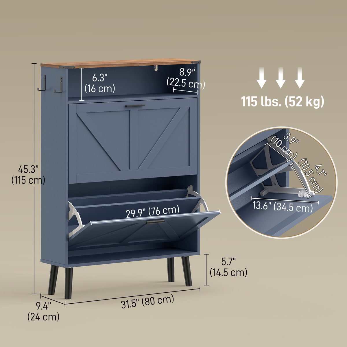 Shoe Storage Cabinet with 2 Flip Drawers, Farmhouse Narrow Shoe Cabinet, Holds Up to 16 Pairs, Blue