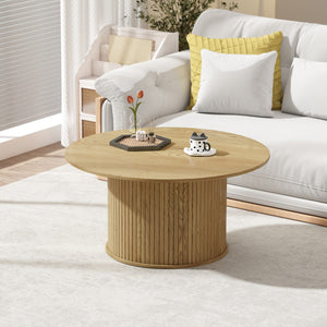 31.5" Round Coffee Table, Nordic Style Center Table with Fluted Cylindrical Base for Living Room, Oak