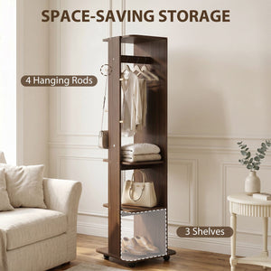 15" x 62" Full Length Mirror, Tempered Glass Floor Mirror on Wheels with Storage Shelves, Coat Hangers, Brown Wood Grain