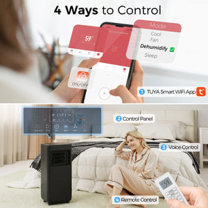 8000 BTU Portable 4-in-1 Air Conditioner with Cool, Dehumidifier, Fan, Sleep, WiFi Voice Remote Control, Black