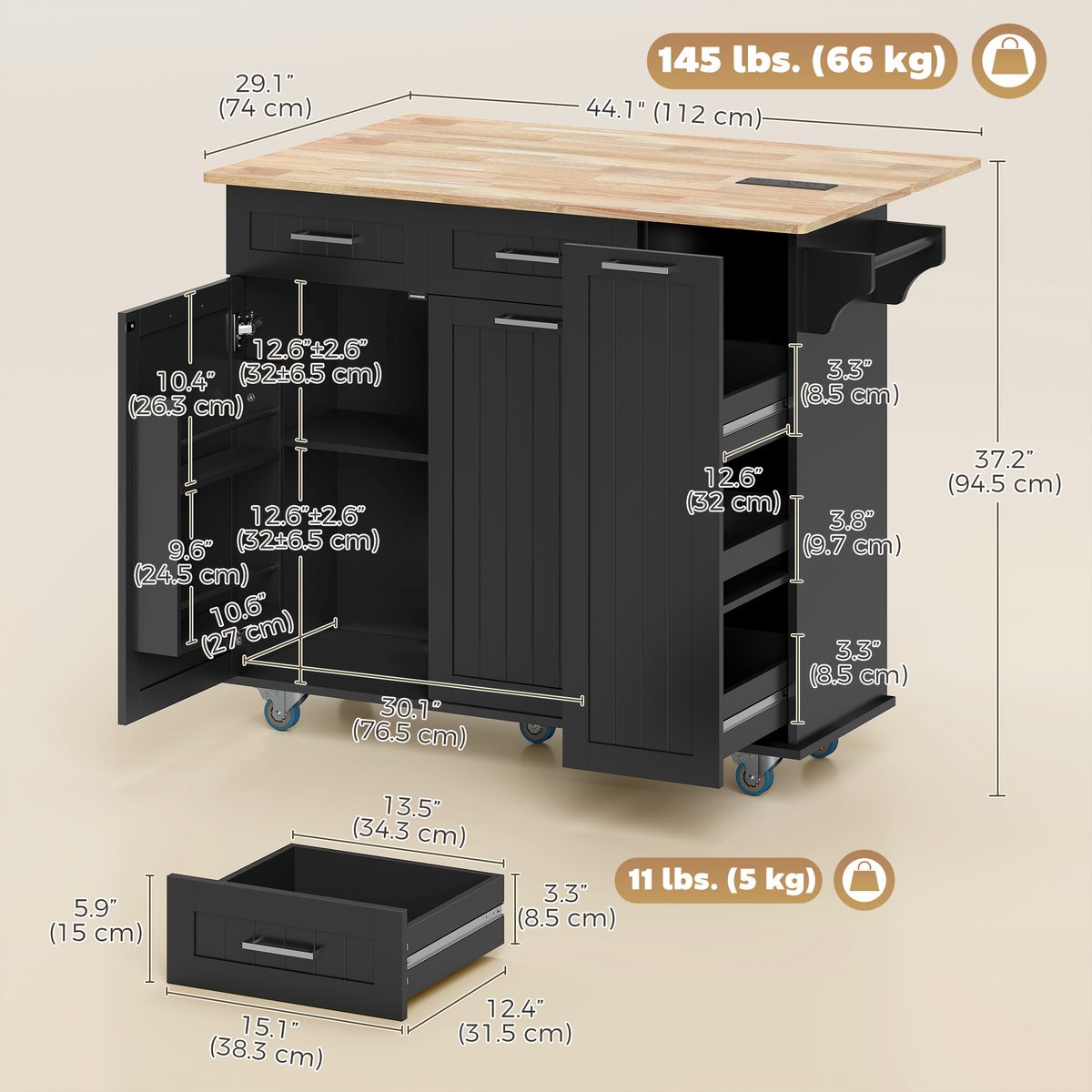 Kitchen Island on Wheels with Wood Drop Leaf, Charging Station, Rolling Kitchen Cart with Adjustable Shelf, Black
