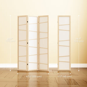 66.9" Folding Room Divider, 3 Panel Wall Partition with Wood Frame for Bedroom, Home Office, Natural Wood