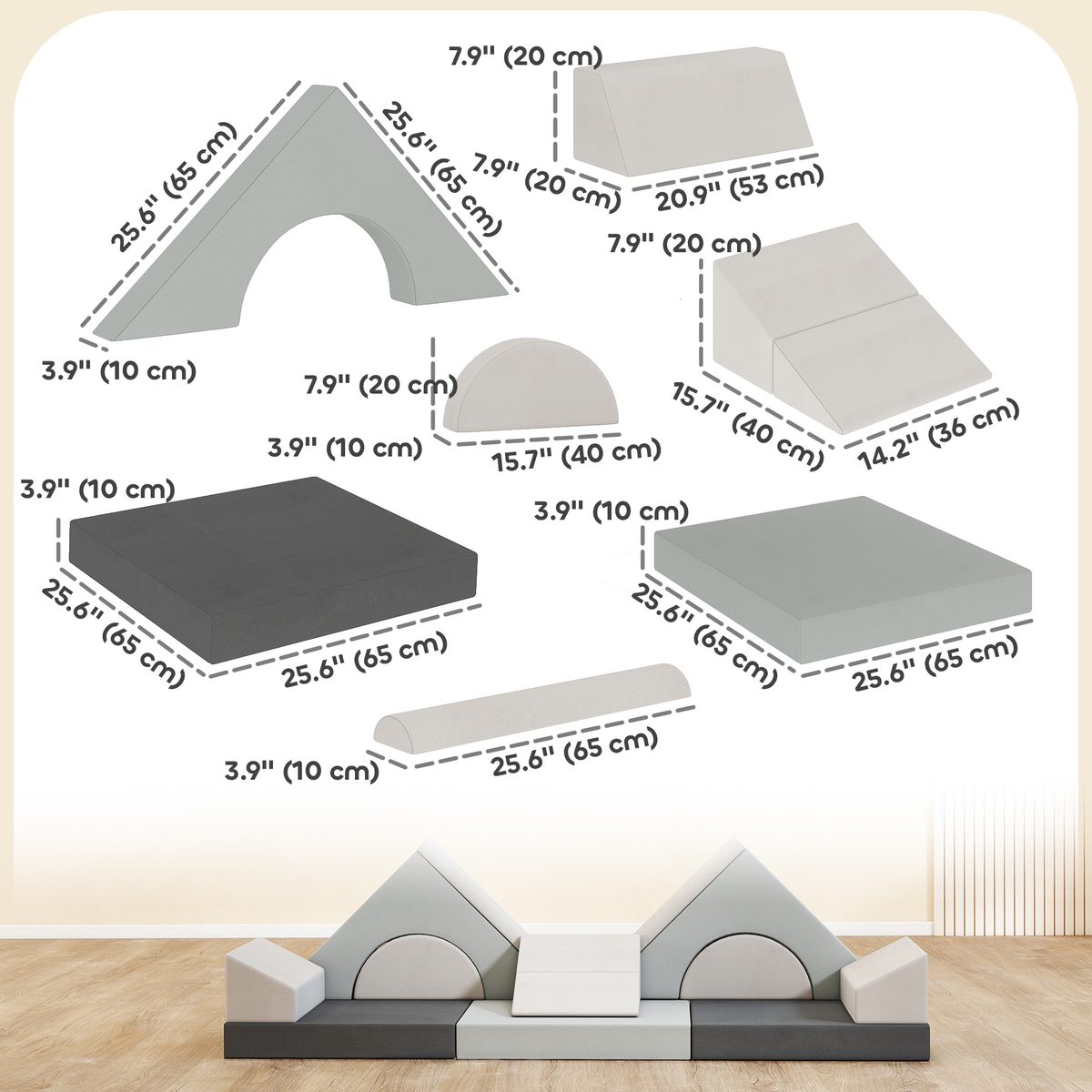 Qaba 12 PCS Modular Kids Play Couch, Child Sectional Sofa for Toddlers, Convertible Foam and Floor Cushion, Grey