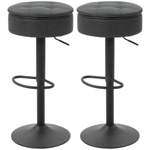 Set of 2 Barstools with Storage, Swivel Bar Stools with PU Leather Upholstered, Footrest, Steel Base, Black