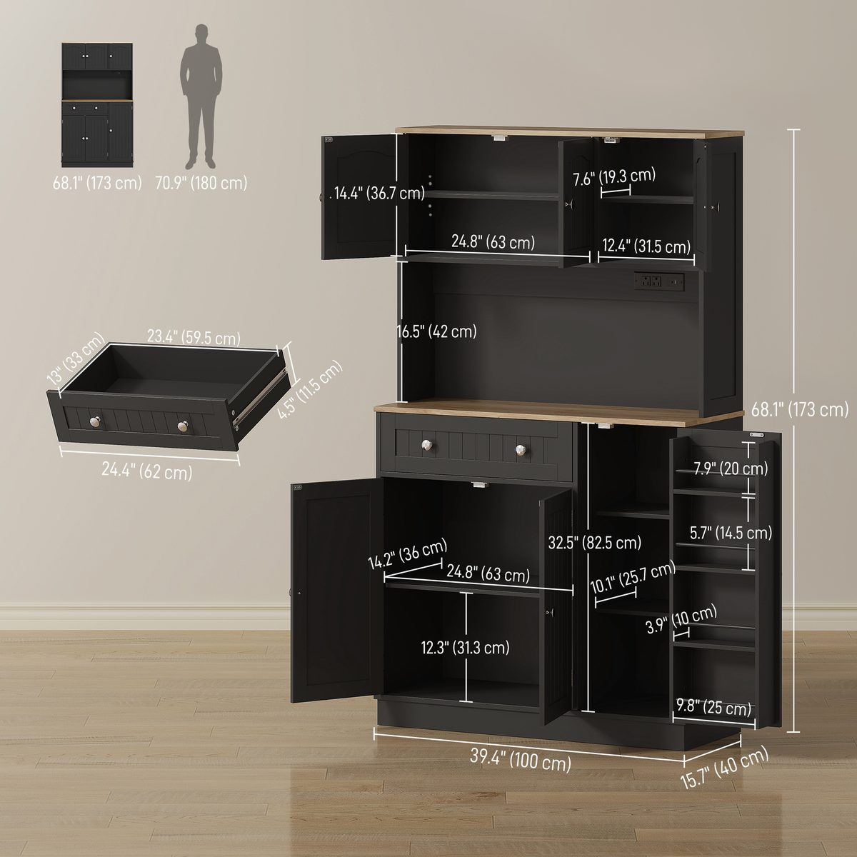 68" Pantry Cabinet with Charging Station, Kitchen Storage Cabinet with Microwave Stand, 4 Door Racks, Black
