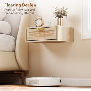 Floating Bedside Tables Set of 2, Wall Mounted Nightstands with Rattan Drawer and Wood Effect, Oak
