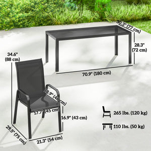 9 Pieces Patio Set with Stackable Chairs, Patio Dining Set with Glass Top for Garden, Patio, Backyard, Black