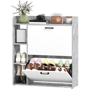 Shoe Cabinet with 2 Flip Drawers, 3 Side Compartments, Adjustable Shelves, 8-12 Pairs for Entryway Hallway, Grey