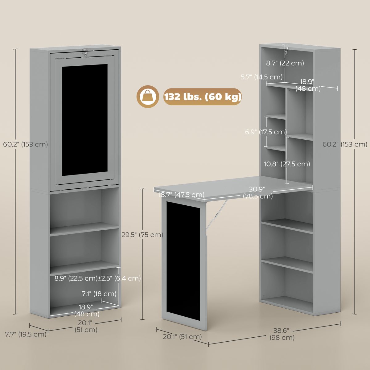 Fold-out Convertible Office Desk, Wall Mount Computer Desk with Blackboard and Side Shelf, Charcoal Grey