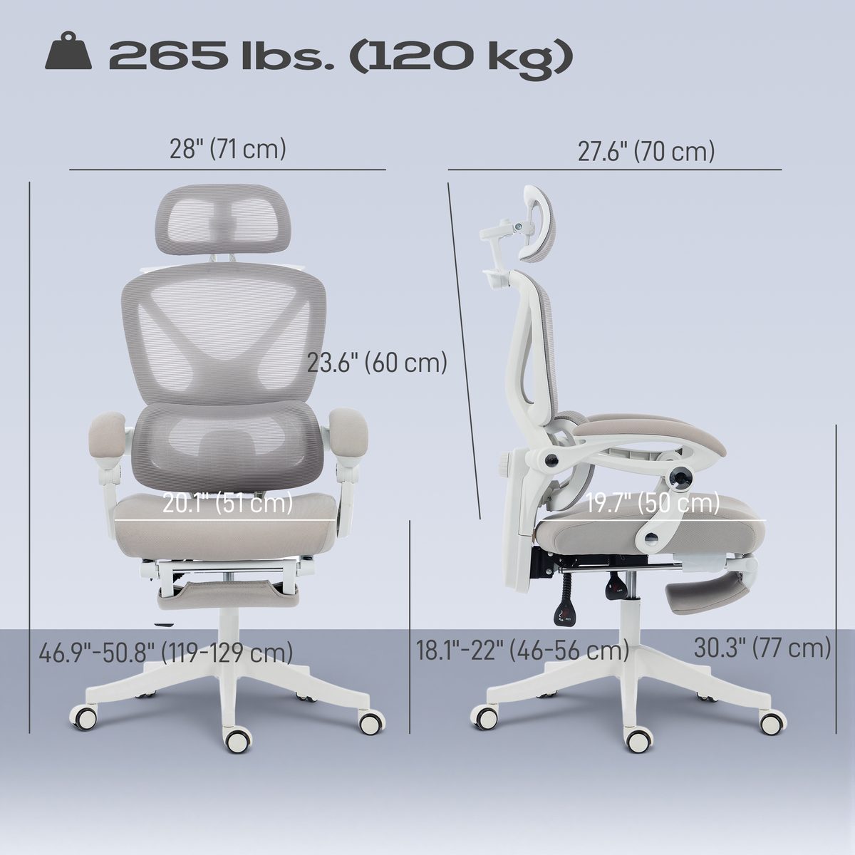 Mesh Desk Chair with Adjustable Headrest, Reclining Ergonomic Office Chair with Footrest, Light Grey