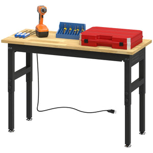 48" Adjustable Workbench, Heavy Duty Work Table with Rubber Wood Top, Power Outlets, Pegboard, 2000 LBS Capacity