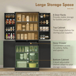 72" Tall Kitchen Pantry Cabinet, Farmhouse Storage Cabinet with 8 Door Racks and Adjustable Shelves, Black