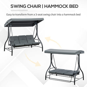 Convertible Patio Swing Bed with Canopy and Cushions, 3 Seater Porch Swing for Outdoor, Backyard, Garden, Dark Grey