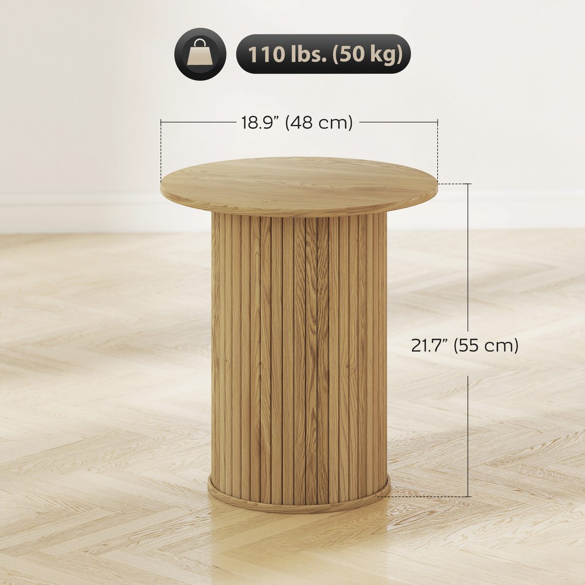 Round Side Table, Fluted Accent End Table, Narrow Nightstand for Small Spaces, Living Room, Oak