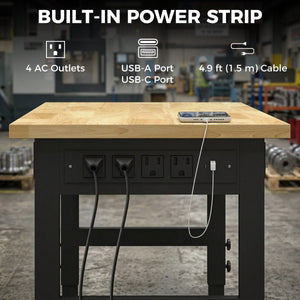 48" Adjustable Workbench, Heavy Duty Work Table with Rubber Wood Top, Power Outlets, Pegboard, 2000 LBS Capacity
