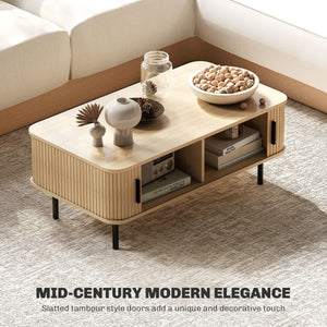 Coffee Table with Storage, Nordic Side Table with Fluted Tambour Sliding Doors and Steel Legs for Living Room, Oak